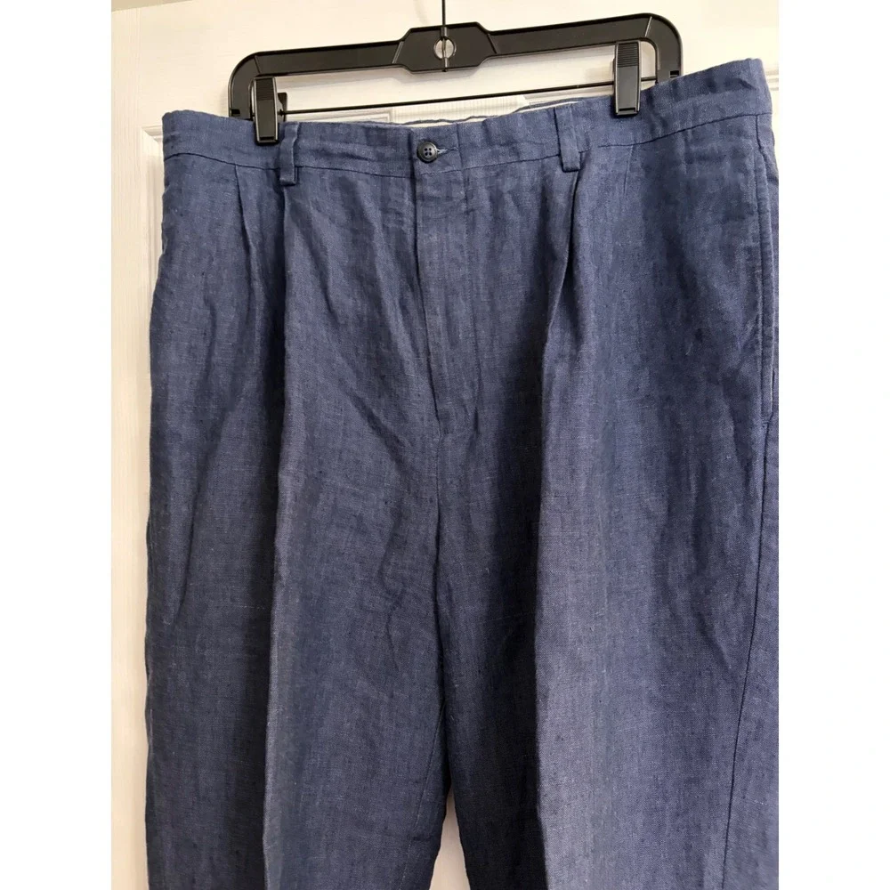Turnbury Mens 36x32 Navy Blue 100% Linen Pleated Cuffed Dress Pants Trousers
